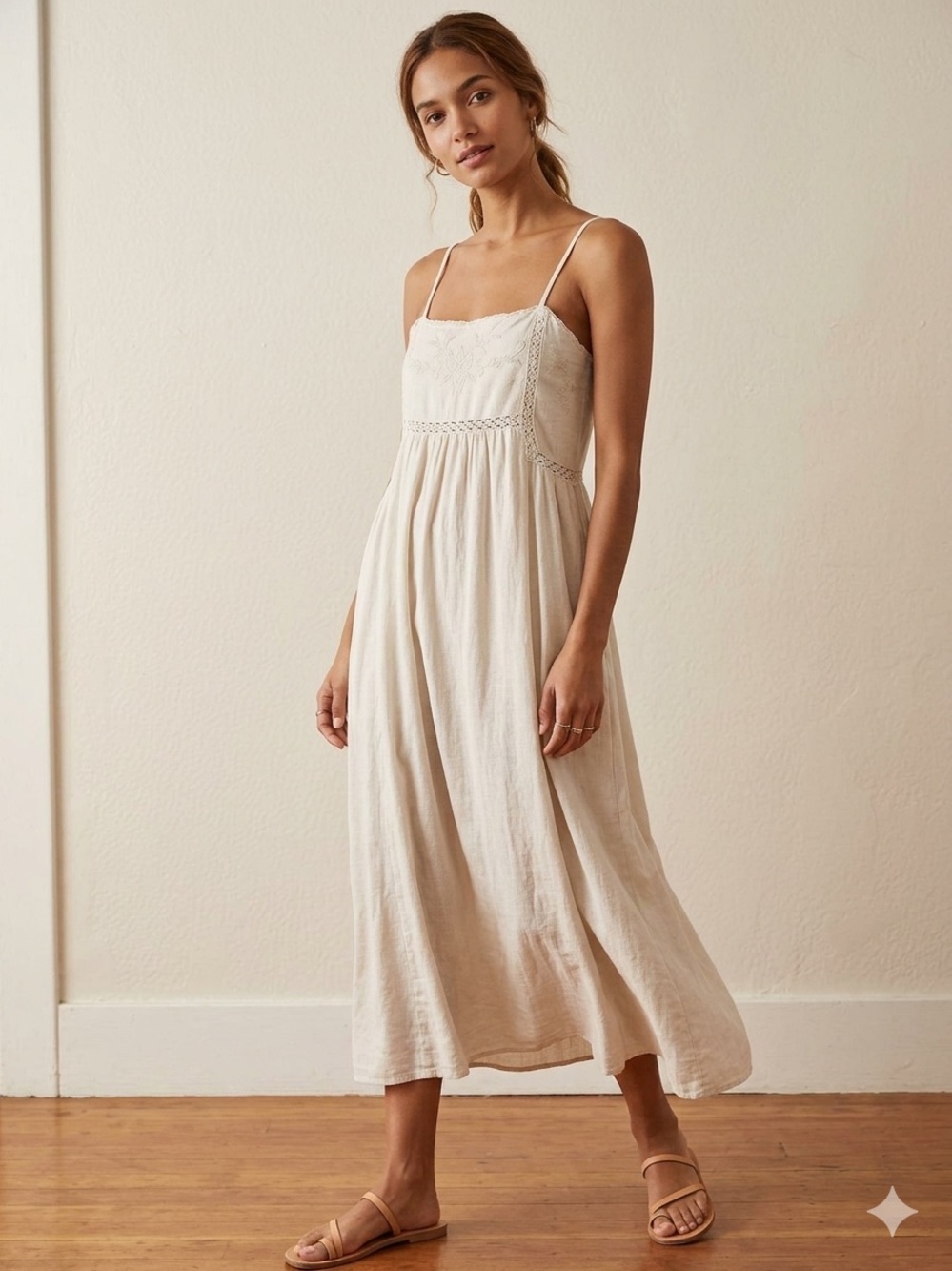 Dex Cream Spaghetti‑Strap Midi Dress with Lace Bodice